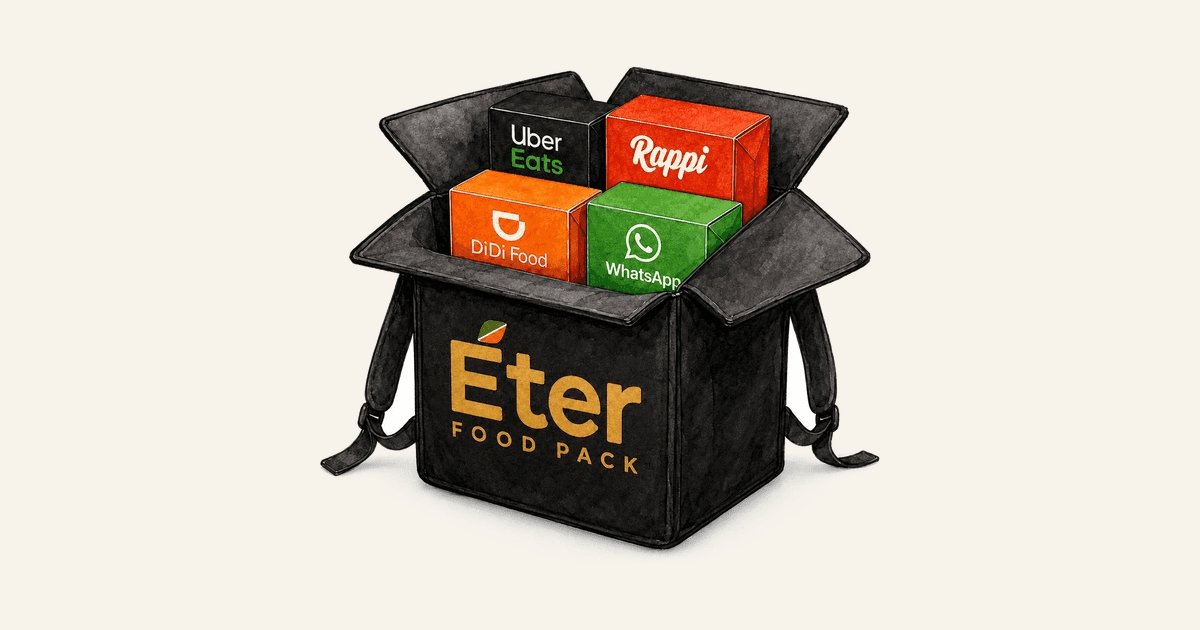 Mochila Éter con cajas de Rappi, Uber Eats, DiDi Food y WhatsApp — empaque inteligente con QR vivo